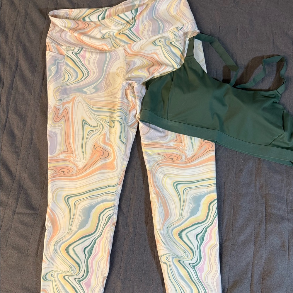Colorful Swirl Leggings and Green Sports Bra Set